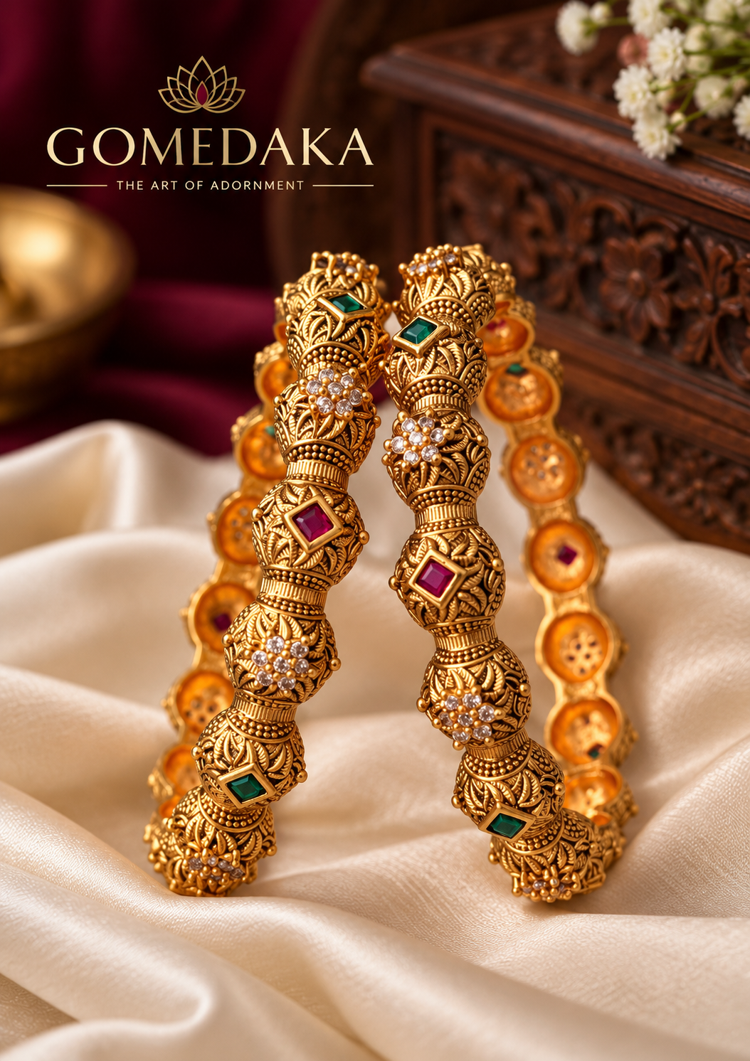 GOMEDAKA Heritage Bloom Gold-Plated Jadau Kundan Bangles (Set of 2)